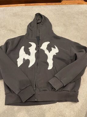 Dark gray Pacsun Large Zip-Up Hoodie with White Distressed Appliqué
